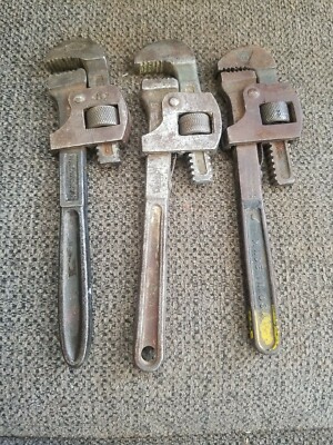 3 Antique 8'' Trimont Trimo Monkey Pipe Wrenches & Stillson Walworth Wrenches