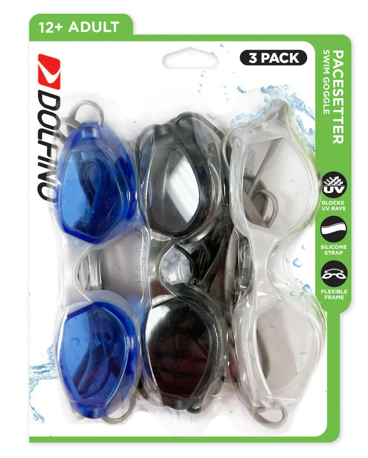 Dolfino Recreational Swim Age Adult 12+ Swimming Goggle 3 Pack Multi-color (2B)