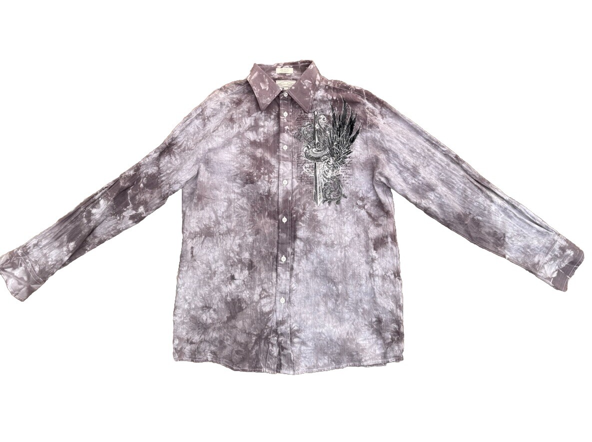 Vintage Y2K Men’s Eighty Eight Large Button Up  Sword/ Wings Acid Wash Shirt