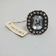 Sweet Lola Ring Rhinestone Cocktail Silver Tone Stretch Adjustable Big new