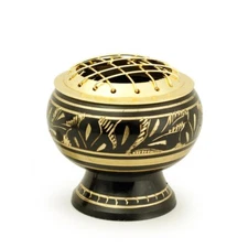 Burner - Black Brass Burner, Medium Base, Fern Engraving, Net Top 2"Hx2"D