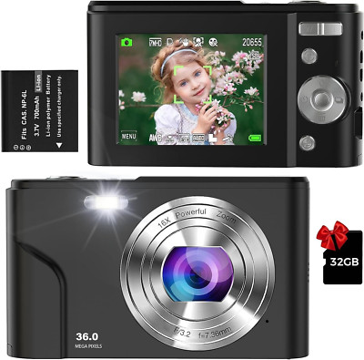 Digitalkamera, 1080P Full HD Kompaktkamera 36MP Vlogging Kamera 16x Zoom Schwarz