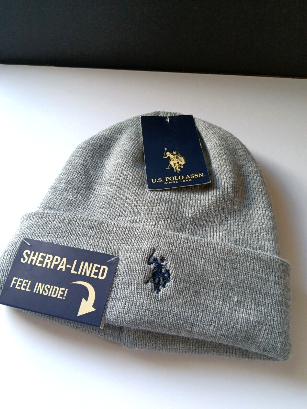 POLO USA Assn. Cappello berretto grigio pony firmato sherpa foderato taglia unica nuovo con etichetta