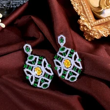Elegant Silver Plated CZ Yellow Green Oval Long Geometric Dangle Drop Earrings