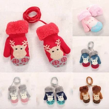 Winter Gloves Boys Girls Kids Gloves Mittens Warm Fake Fur Neck String