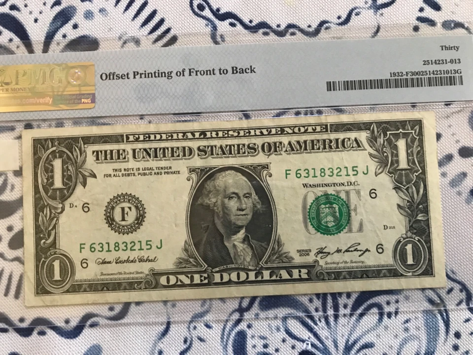 2006 US DOLLAR ERROR OFFSET PRINTING OF FRONT TO BACK,CERTIFIED PMG VF30 - Image 3 of 3