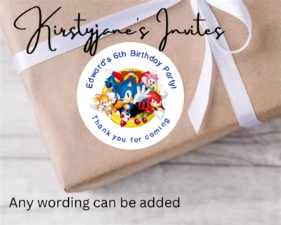 KIRSTYJANE'S INVITES PERSONALISED STICKERS LABELS CIRCLE BIRTHDAY PARTY SWEET CONES SONIC TAILS