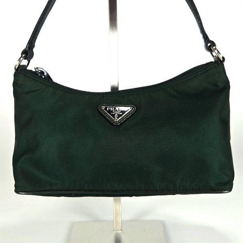 PRADA Handbag Accessory Pouch Nylon Green Triangular Logo Authentic Used Italy
