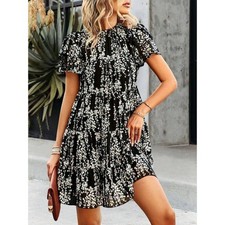SHEIN Black Floral Tiered Babydoll Mini Dress Flutter Sleeve Mock Neck