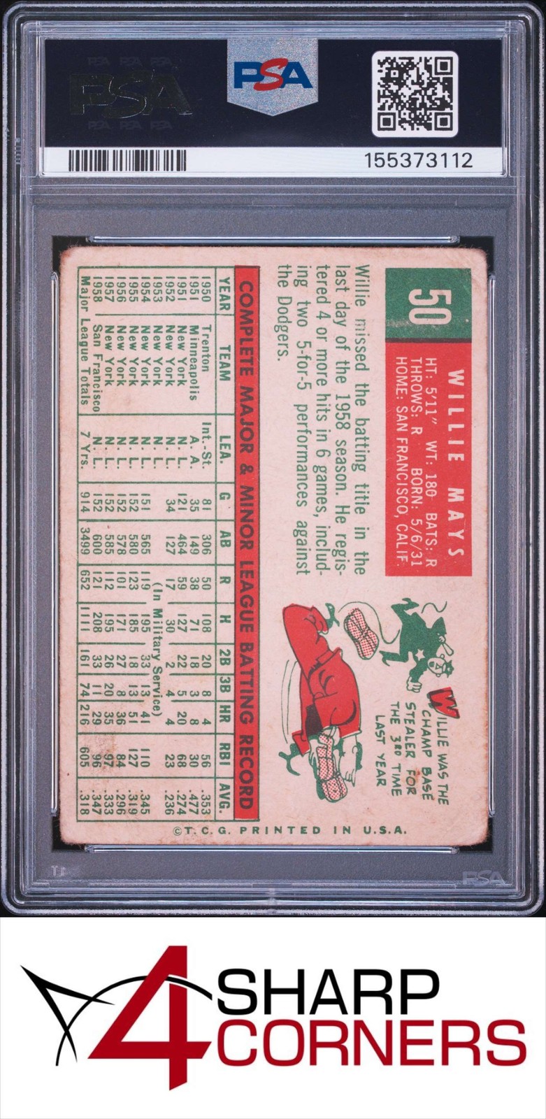 1959 TOPPS #50 WILLIE MAYS GIANTS HOF PSA 1 view 2