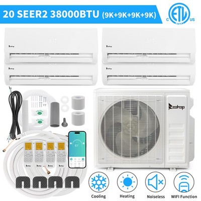 38000 BTU 4 Zone AC Ductless Mini Split Air Conditioner Heat Pump: 4 x 9000 BTU