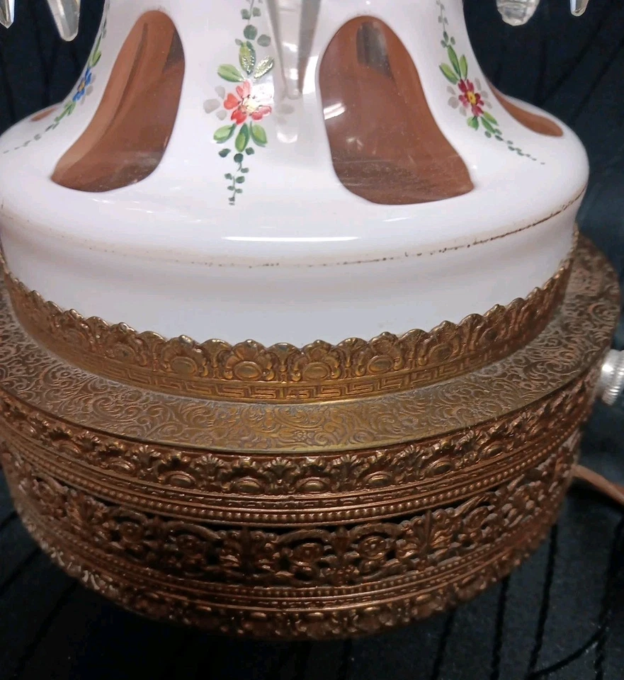 Bohemian Glass White Cut To Peach Mantle Lusters Luster Lamp - Image 3 of 4