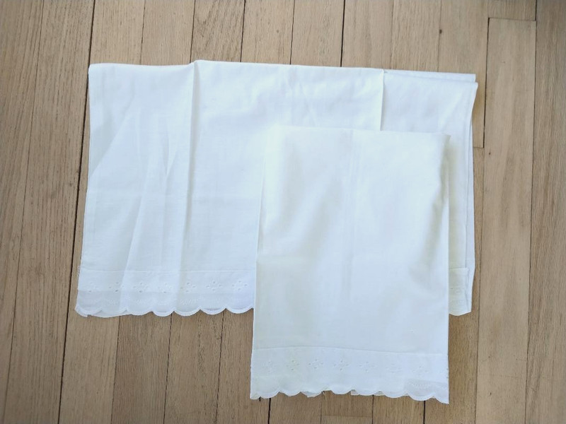 Vintage 100% white cotton pillowcases, scalloped edge, small