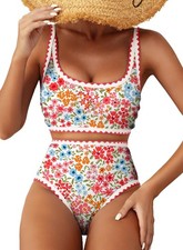 Bikini Sets for Women Floral Color Block Trim 2 Piece Swimsuits High Waisted ...