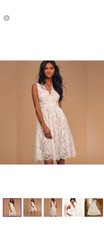 Lulus Love Swept White Lace Midi Skater Dress With Pockets - Small