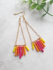 Long Dangle Sunset Earrings. Seed Bead Earrings. Chain Earrings. Diamond Shape