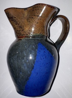 A.R. Britt Seagrove Arts, 2003 NC Pottery Pitcher Blue Brown Signed  6.5  18 Oz.