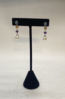 I. Crema 14K Yellow Gold Amethyst Citrine Blue Topaz Pearl Drop Earrings