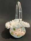 Fenton Milk Glass Ruffled Basket Hand Painted Pink Floral ≈ 6.5"