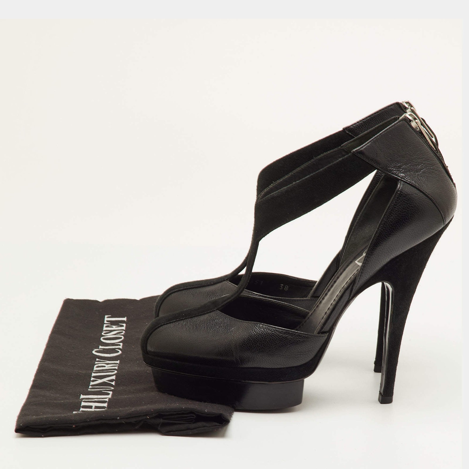 Saint Laurent Easy Y Size 38 Black Leather and Suede Platform Pumps thumbnail 9