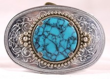 Vintage Western Cowboy Look Silver Metal  Created Turquoise Belt Buckle