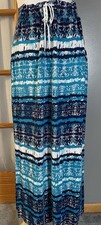 Women's Printed Maxi Skirt Sz L Blue Rayon Pull On High Slit Beach Boho Party