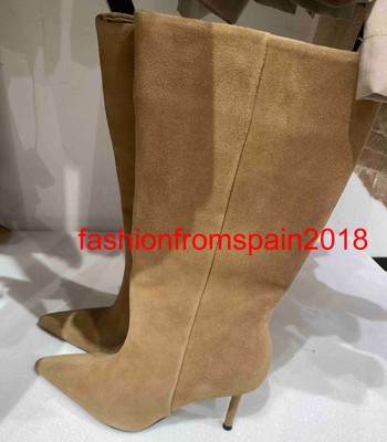 ZARA NEW WOMAN SPLIT SUEDE HEELED KNEE-HIGH BOOTS BEIGE 35-42 1025