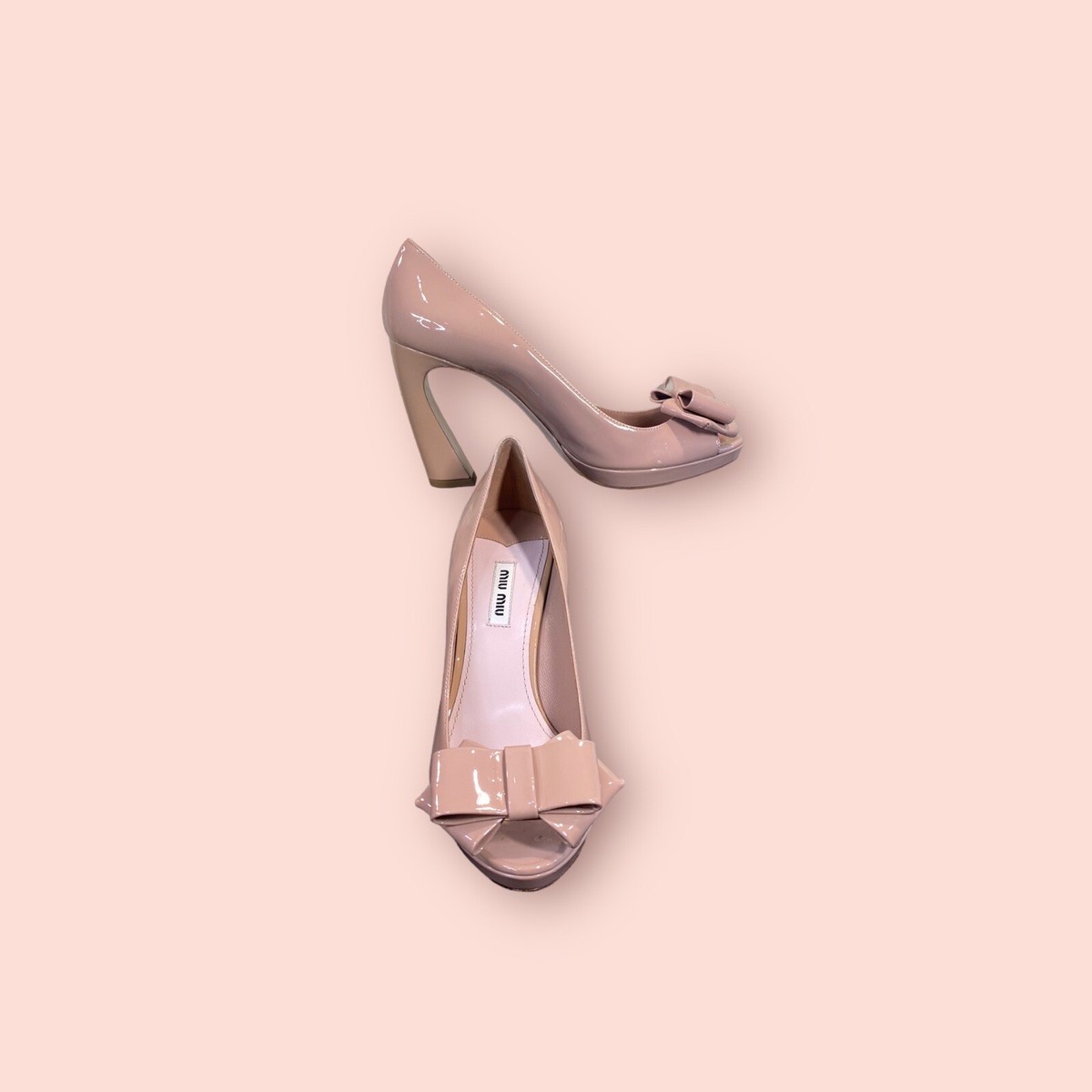 【送料&関税込】Miu Miu Pink Leather Pumps MIU MIU Patent Leather Bow Peep Toe Platform Pumps EU38.5
