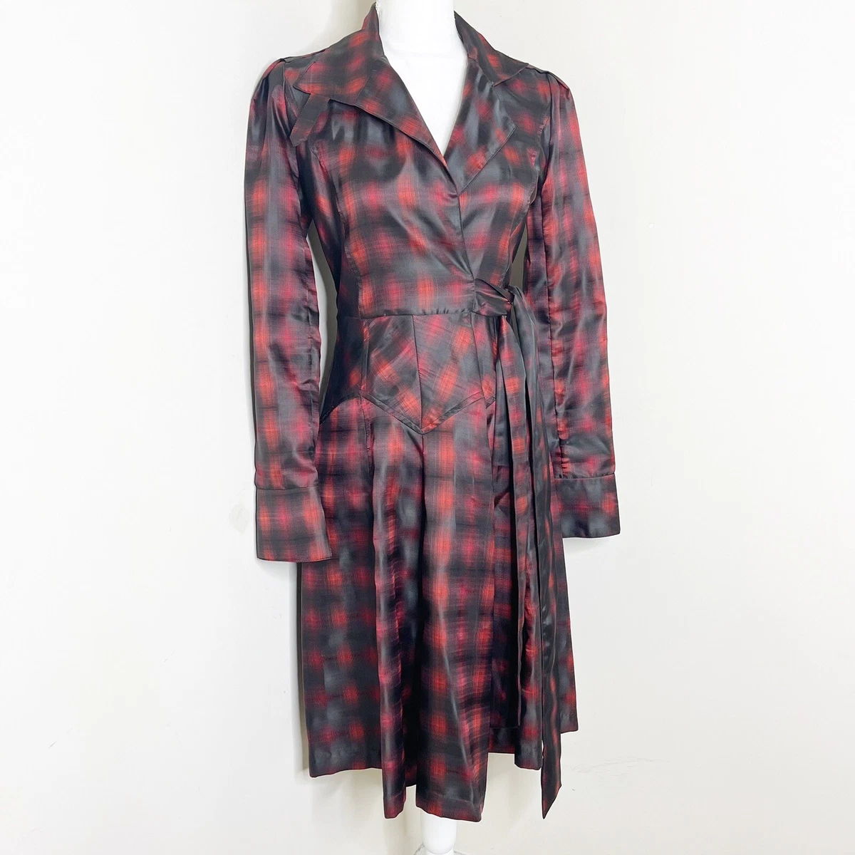 Diane Von Furstenberg Plaid Long Sleeve Wrap Trench Coat Dress