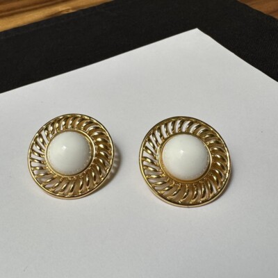 Signed Trifari White & Gold Tone Pierced Earrings