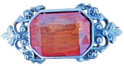 Art Deco Gothic Fully Faceted Amber Color Glass Fleur-de-lis Silver Tone Brooch