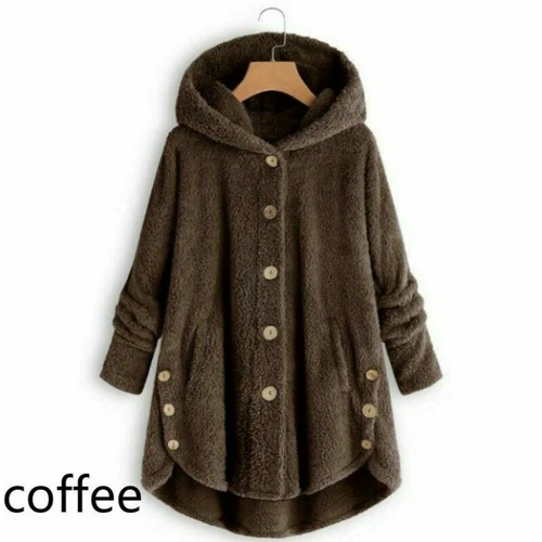 Damen Kapuzen Mantel Jacke Tops Hoodies Flauschig Fleece Kunstfell Plüsch Knopf Vintage - Bild 16 von 28