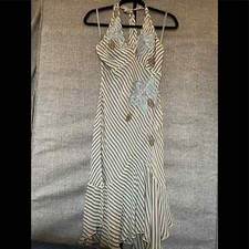BCBG Max Azria Halter Midi 100 Silk Striped Dress with Floral Appliqu 