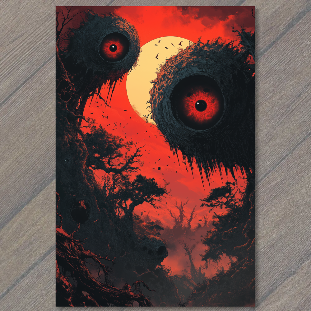 POSTCARD Dripping Eyeballs Cosmic Horror Red Sun Fantasy
