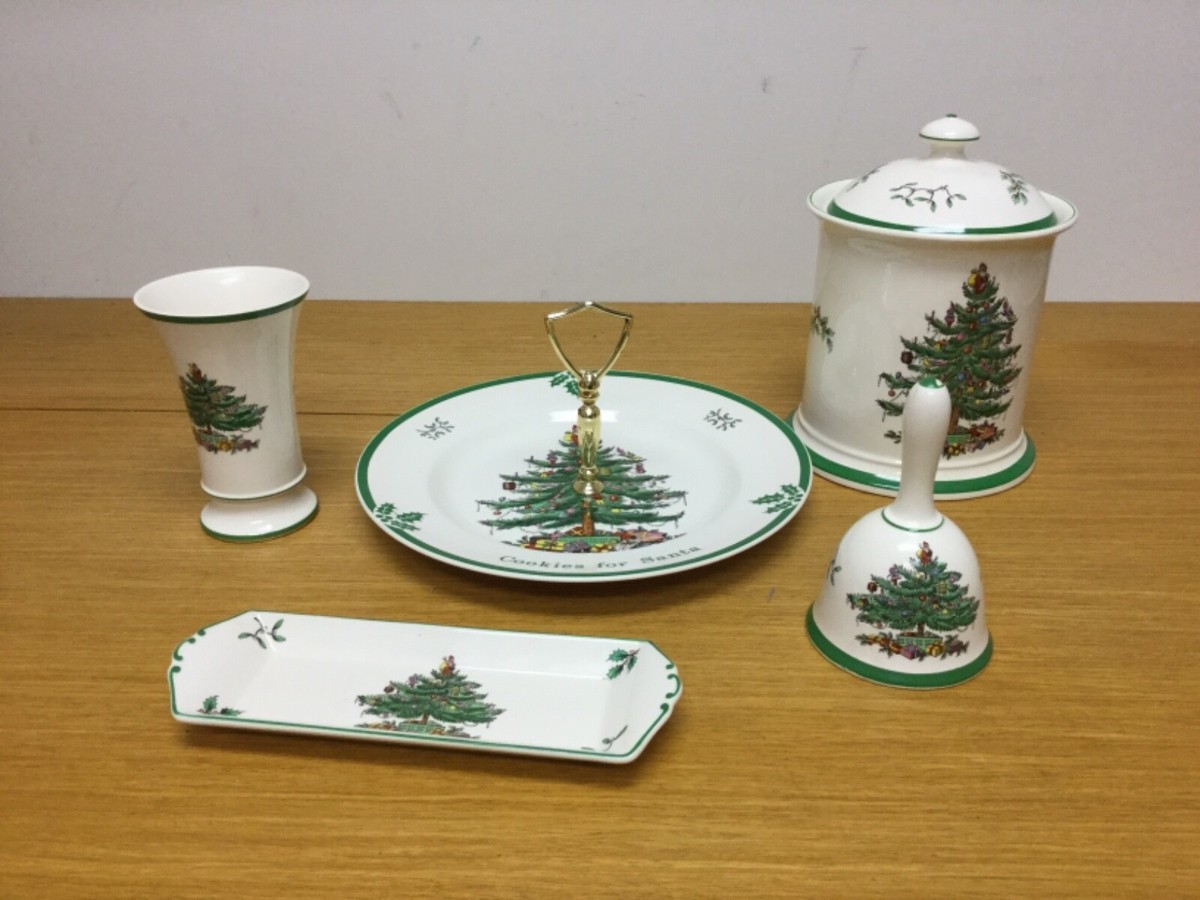 Spode Christmas Tree (3324) Cookie Jar, Plate, Bell, Vase, (4 pcs