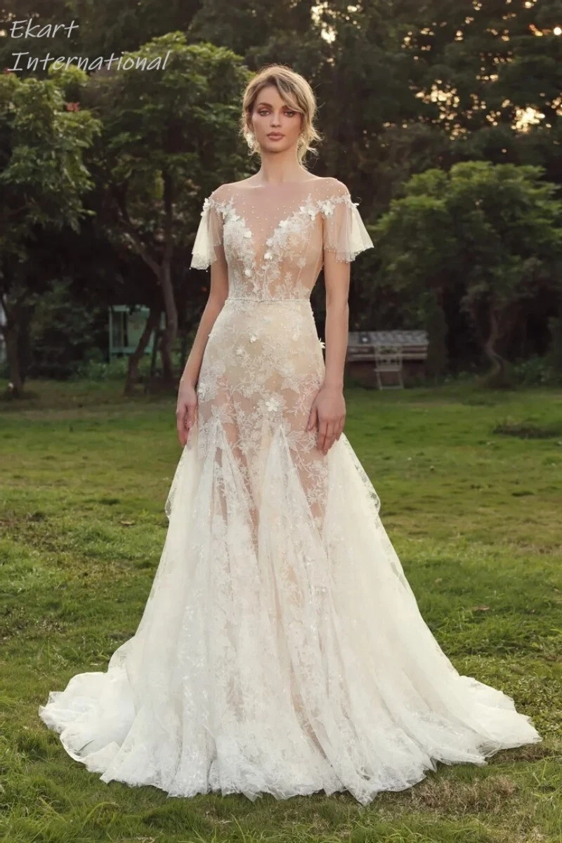 OFF WHITE Abito da sposa scollo a V abiti da sposa eleganti spazzata treno illusione applicazioni pera