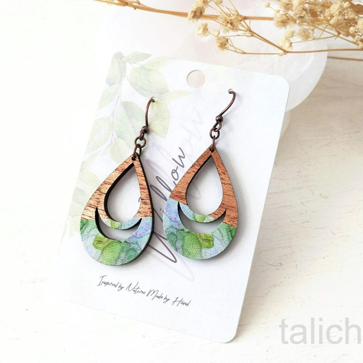 DC Designs Cutout Mahogany Wood Teardrop Earrings with Green Art Print D42M