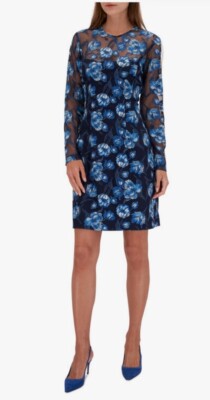 New Lela Rose 3D Embroidered Floral Long Sleeve  A Line Dress In Blue 10 $1790