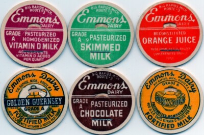 Milk Bottle Caps- 6 different - Emmons Dairy - Big Rapids, MI (Michigan)-Route 3