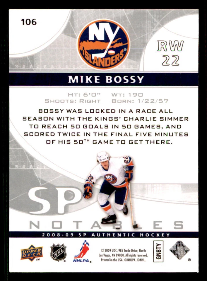 2008-09 SP Authentic #106 Mike Bossy N /999 - Image 2 of 2