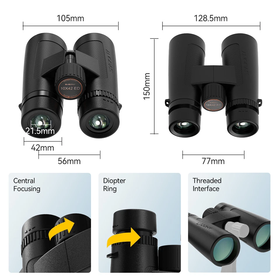 SVBONY SV202 Upgraded ED Binoculars 10X42 Bak4 Wide Field IPX7 for Bird Watching - Image 3 of 4