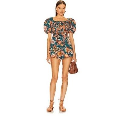 ULLA JOHNSON Arlo Floral Shirred Romper In Green Size 10
