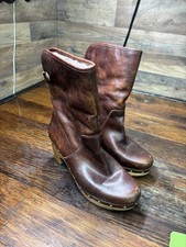 UGG Australia Lynnea Brown Leather Shearling Lined Clog Boots w/ Wood Heel Sz 7