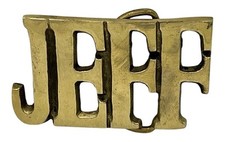 Vtg 80s JEFF Brass Belt Buckle Cut Spell Out Taiwan NOS Open Pack Tarnish Scuff