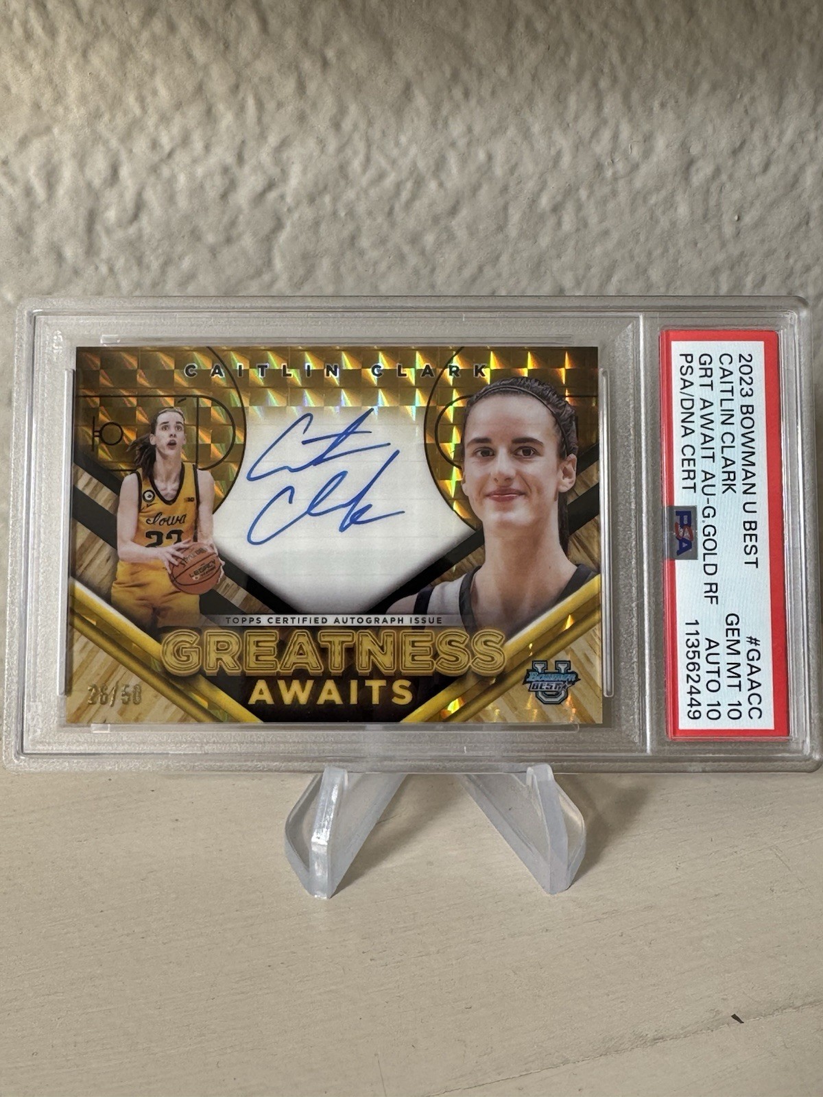 Caitlin Clark PSA 10/10 💎 💎 Greatness Awaits Gold Ref /50🔥2023 Bowman Best U!