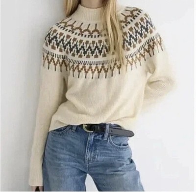 J. Crew Fair Isle Mockneck Pullover Sweater Neutral Cream Tan Wool Blend MED.