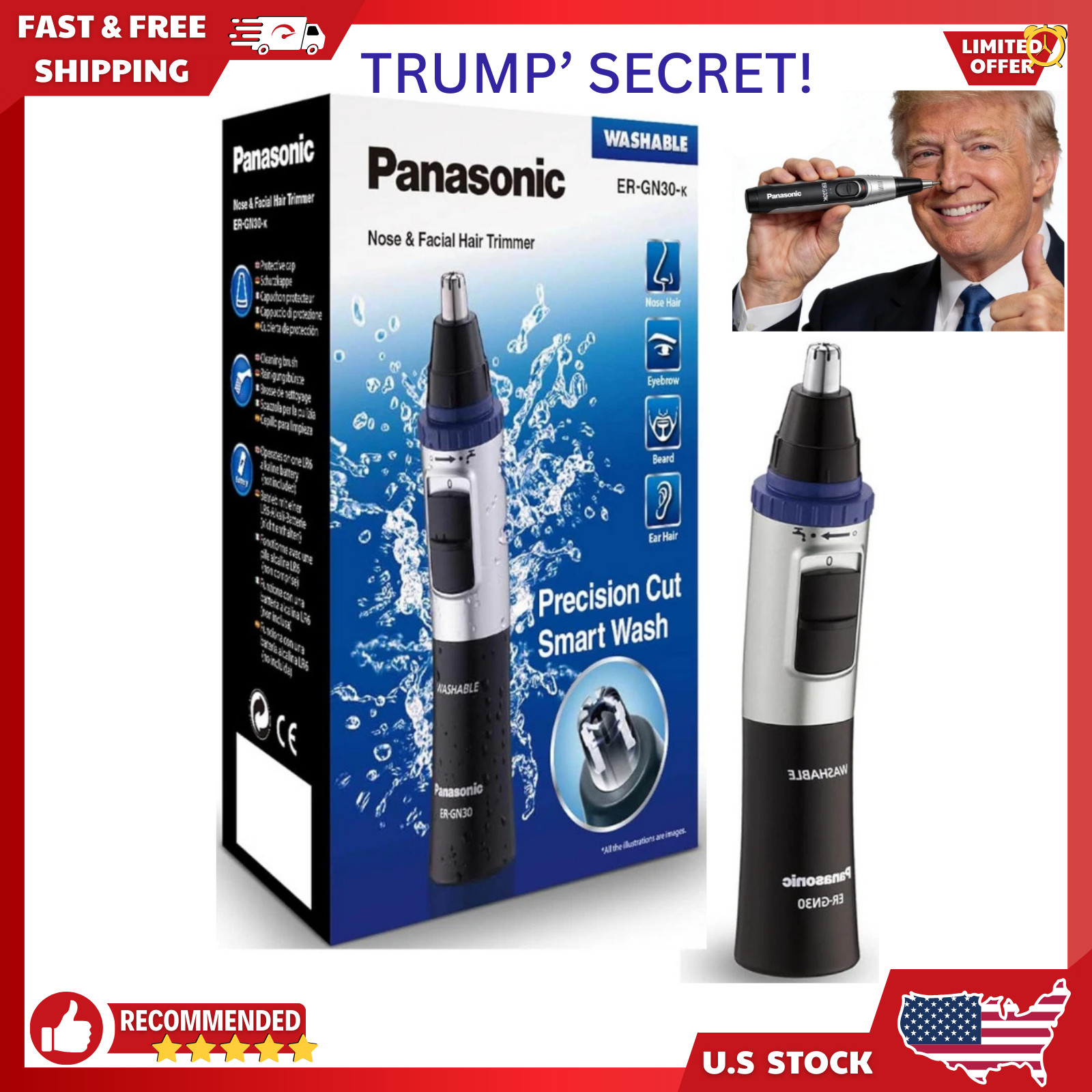 Panasonic ER-GN30-K Nose, Ear n Facial Hair Trimmer Wet/Dry 