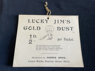 VINTAGE HANGING ADVERT SIGN LUCKY JIMS GOLD DUST BY HARRIS BROS PEARSON ST HULL
