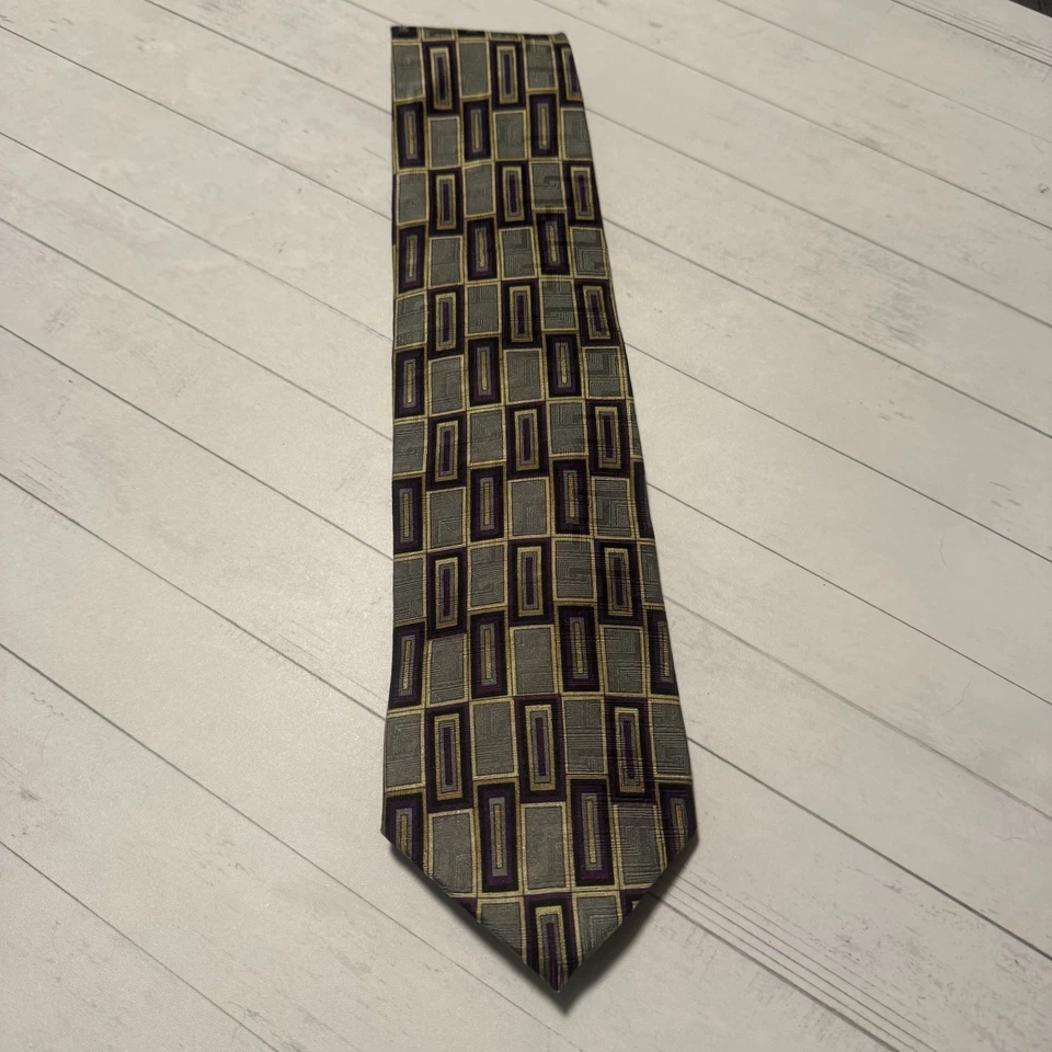 Corbata de seda Louis Roth estampado rectangular geométrico púrpura dorado gris 3,75x57 hecha en EE. UU. Foto 4 de 4