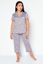 Rae Dunn Women 2 Piece Coffee Mug Print Soft Pajama Set Cropped Pant Gray Large